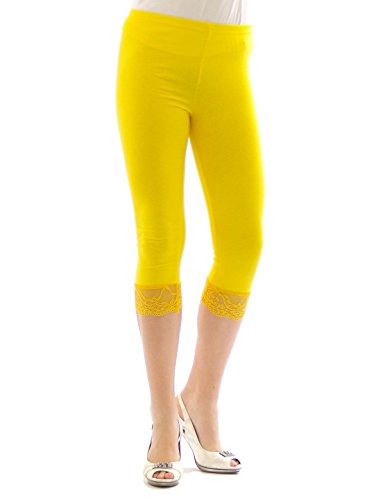 YESET Capri 3/4 Leggings Spitze Baumwolle Leggins Spitzenrand GELB M von YESET