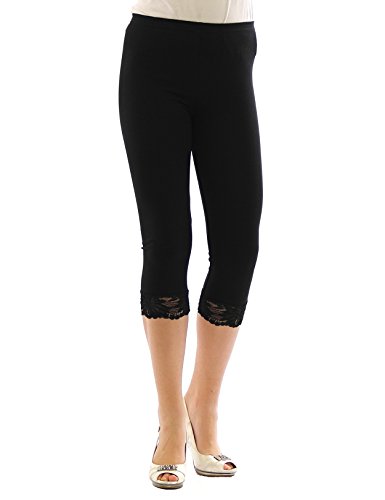 YESET Capri 3/4 Leggings Spitze Baumwolle Leggins Spitzenrand SCHWARZ L von YESET