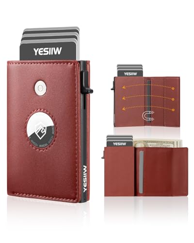 YESIIW Design für Airtag Wallet, Slim Wallet for Men, Geldbörse Herren echtem Leder, RFID Blocker Portemonnaie, Portmonee Herren kartenetui Platz für 8 Karten, Geldbeutel Rötlich Braun von YESIIW