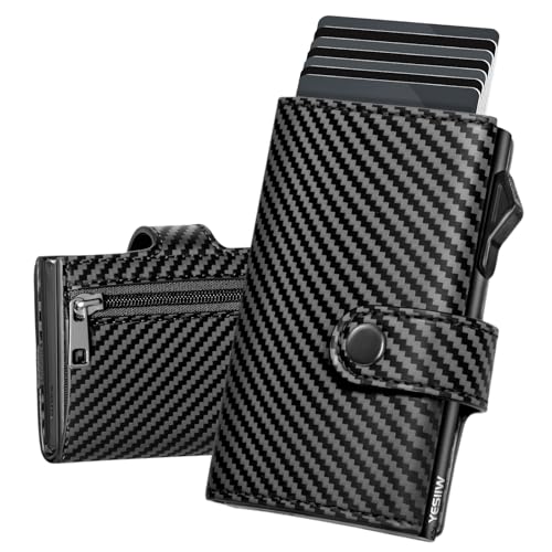 YESIIW Portmonee Herren Slim mit Große Kapazität Pop-up Geldbörse Herren für 7 Karten,2 Ausweis & 15+ Papiergeld, Slim Wallet mit RFID CardHolder (Carbon Schwarz, Mini Münzfach) von YESIIW