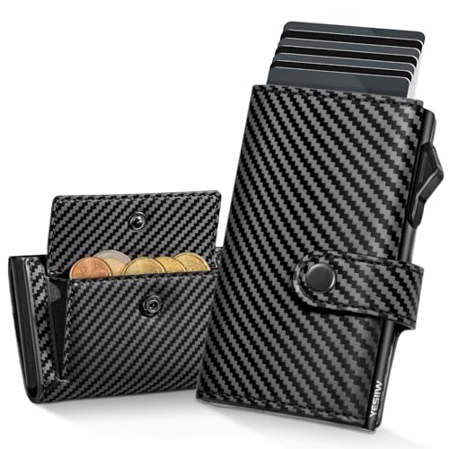 YESIIW Slim Wallet Pop-up Kartenetui für 9 Karten, Karten Portemonnaie Card Wallet mit RFID Schutz Geldbörse Herren mit XL Münzfach Portmonee Herrens(Carbon Schwarz, XL Münzfach) von YESIIW