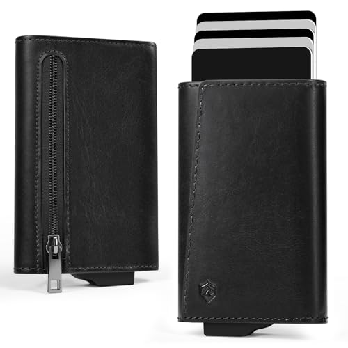 YESIIW Slim Wallet mit Exklusives Angewinkeltes Design Pop up Card Holder für 10 Karten, Portmonee Herren Slim mit RFID Schutz, Münzfach & Magnetverschluss Wallets for Men Schwarz (Echtes Leder) von YESIIW