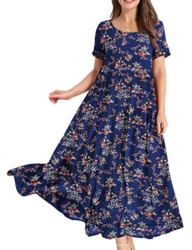 YESNO Damen Kleider Freizeit Lose Sommerkleid Lang Boho Maxikleid für Rundhals Strandkleid Blumenkleid XL EJFDE CR30 von YESNO