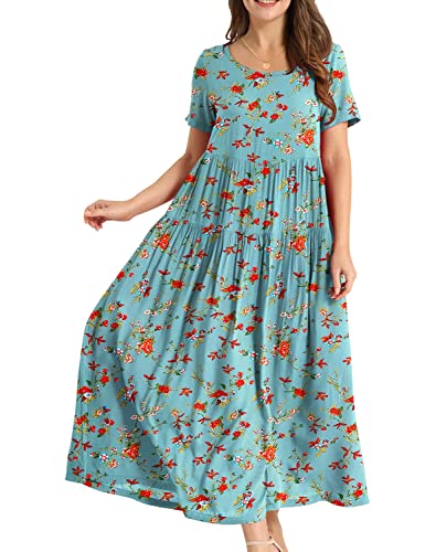 YESNO Damen Kleider Freizeit Lose Sommerkleid Lang Boho Maxikleid für Rundhals Strandkleid Blumenkleid 2XL EJFDE CR14 von YESNO