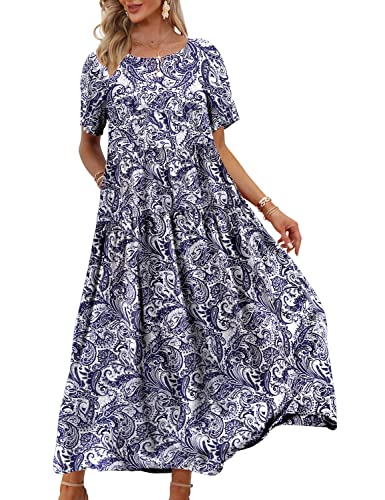 YESNO Damen Kleider Freizeit Lose Sommerkleid Lang Boho Maxikleid für Rundhals Strandkleid Blumenkleid 2XL EJFDE Floral 148 von YESNO