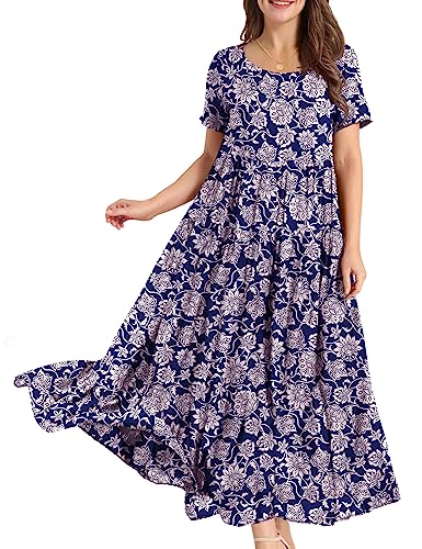 YESNO Damen Kleider Freizeit Lose Sommerkleid Lang Boho Maxikleid für Rundhals Strandkleid Blumenkleid 2XL EJFDE Floral 330 von YESNO