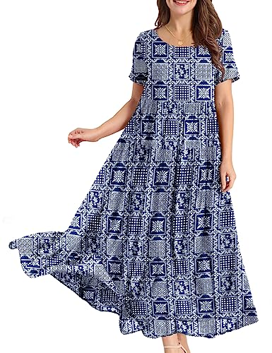 YESNO Damen Kleider Freizeit Lose Sommerkleid Lang Boho Maxikleid für Rundhals Strandkleid Blumenkleid 2XL EJFDE Floral 408 von YESNO