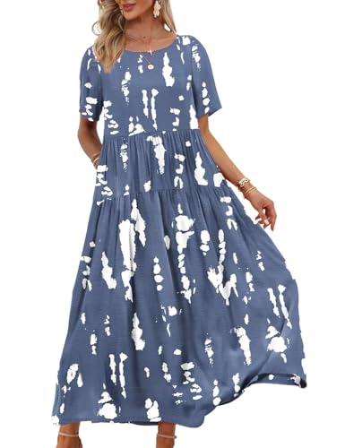 YESNO Damen Kleider Freizeit Lose Sommerkleid Lang Boho Maxikleid für Rundhals Strandkleid Blumenkleid 3XL EJFDE CR147 von YESNO