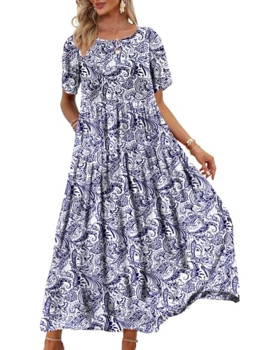 YESNO Damen Kleider Freizeit Lose Sommerkleid Lang Boho Maxikleid für Rundhals Strandkleid Blumenkleid 3XL EJFDE Floral 148 von YESNO