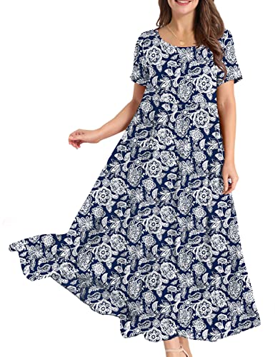 YESNO Damen Kleider Freizeit Lose Sommerkleid Lang Boho Maxikleid für Rundhals Strandkleid Blumenkleid 3XL EJFDE CR349 von YESNO