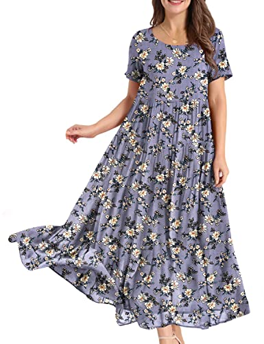 YESNO Damen Kleider Freizeit Lose Sommerkleid Lang Boho Maxikleid für Rundhals Strandkleid Blumenkleid 4XL EJFDE CR08 von YESNO