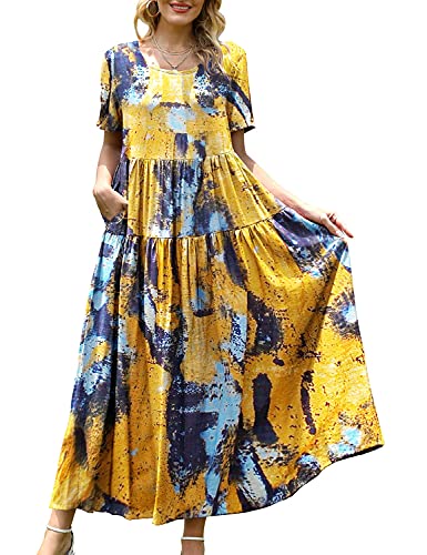 YESNO Damen Kleider Freizeit Lose Sommerkleid Lang Boho Maxikleid für Rundhals Strandkleid Blumenkleid 4XL EJFDE CR141 von YESNO