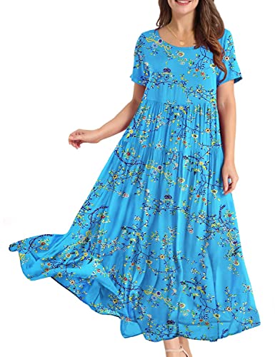 YESNO Damen Kleider Freizeit Lose Sommerkleid Lang Boho Maxikleid für Rundhals Strandkleid Blumenkleid 4XL EJFDE CR44 von YESNO