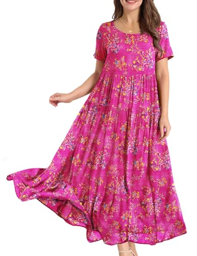 YESNO Damen Kleider Freizeit Lose Sommerkleid Lang Boho Maxikleid für Rundhals Strandkleid Blumenkleid 4XL EJFDE Floral 26 von YESNO