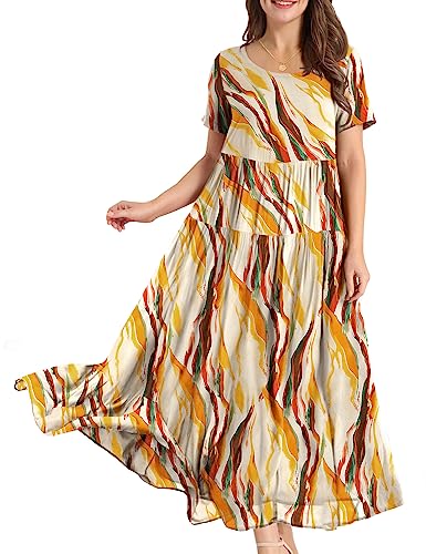 YESNO Damen Kleider Freizeit Lose Sommerkleid Lang Boho Maxikleid für Rundhals Strandkleid Blumenkleid L EJFDE CR312 von YESNO