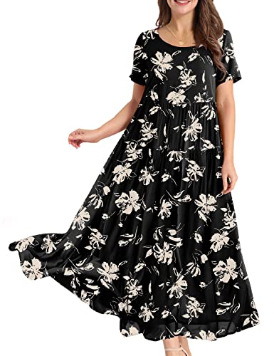 YESNO Damen Kleider Freizeit Lose Sommerkleid Lang Boho Maxikleid für Rundhals Strandkleid Blumenkleid L EJFDE CR346 von YESNO