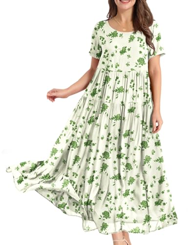 YESNO Damen Kleider Freizeit Lose Sommerkleid Lang Boho Maxikleid für Rundhals Strandkleid Blumenkleid L EJFDE CR355 von YESNO
