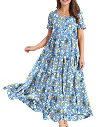 YESNO Damen Kleider Freizeit Lose Sommerkleid Lang Boho Maxikleid für Rundhals Strandkleid Blumenkleid L EJFDE CR415 von YESNO