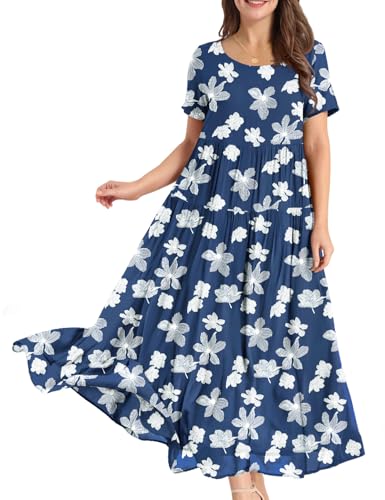 YESNO Damen Kleider Freizeit Lose Sommerkleid Lang Boho Maxikleid für Rundhals Strandkleid Blumenkleid M EJFDE CR385 von YESNO