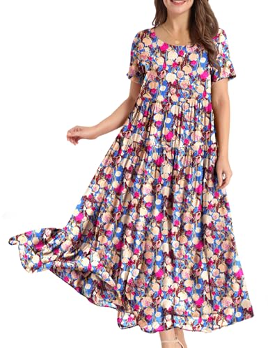 YESNO Damen Kleider Freizeit Lose Sommerkleid Lang Boho Maxikleid für Rundhals Strandkleid Blumenkleid M EJFDE CR447 von YESNO