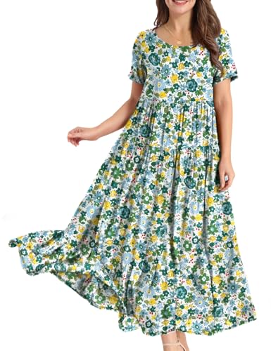 YESNO Damen Kleider Freizeit Lose Sommerkleid Lang Boho Maxikleid für Rundhals Strandkleid Blumenkleid M EJFDE CR454 von YESNO