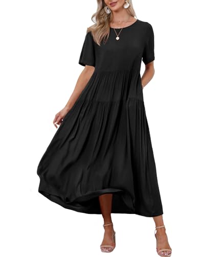 YESNO Damen Kleider Freizeit Lose Sommerkleid Lang Boho Maxikleid für Rundhals Strandkleid Blumenkleid M EJFDE Schwarz von YESNO