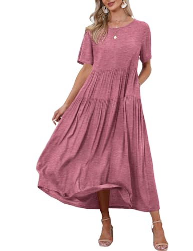 YESNO Damen Kleider Freizeit Lose Sommerkleid Lang Boho Maxikleid für Rundhals Strandkleid Blumenkleid MEJFDE Rosa von YESNO