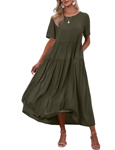 YESNO Damen Kleider Freizeit Lose Sommerkleid Lang Boho Maxikleid für Rundhals Strandkleid Blumenkleid S EJFDE Armee Grün von YESNO