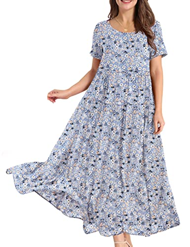 YESNO Damen Kleider Freizeit Lose Sommerkleid Lang Boho Maxikleid für Rundhals Strandkleid Blumenkleid S EJFDE CR347 von YESNO