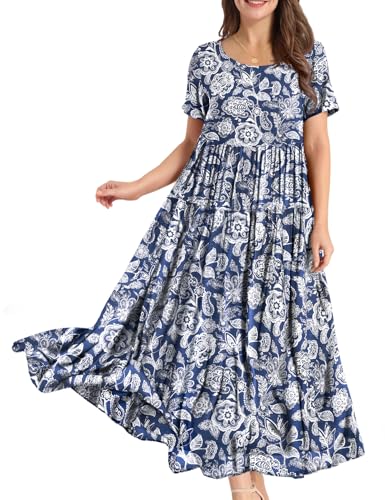 YESNO Damen Kleider Freizeit Lose Sommerkleid Lang Boho Maxikleid für Rundhals Strandkleid Blumenkleid S EJFDE CR349 von YESNO