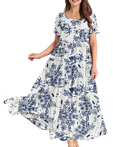 YESNO Damen Kleider Freizeit Lose Sommerkleid Lang Boho Maxikleid für Rundhals Strandkleid Blumenkleid S EJFDE CR356 von YESNO