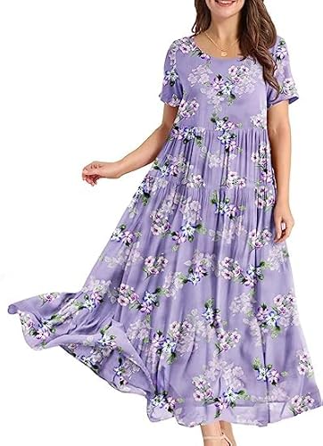 YESNO Damen Kleider Freizeit Lose Sommerkleid Lang Boho Maxikleid für Rundhals Strandkleid Blumenkleid S EJFDE Floral 374 von YESNO