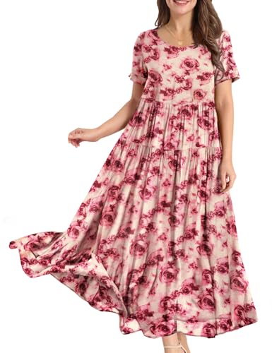 YESNO Damen Kleider Freizeit Lose Sommerkleid Lang Boho Maxikleid für Rundhals Strandkleid Blumenkleid S EJFDE CR406R von YESNO