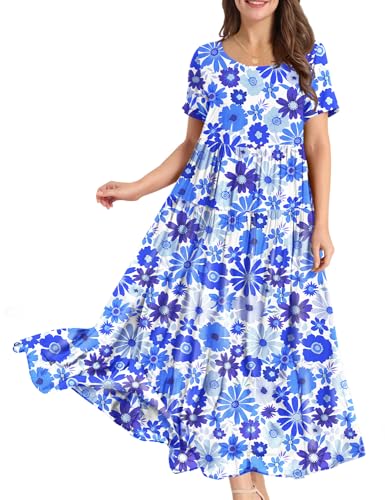 YESNO Damen Kleider Freizeit Lose Sommerkleid Lang Boho Maxikleid für Rundhals Strandkleid Blumenkleid S EJFDE CR417 von YESNO