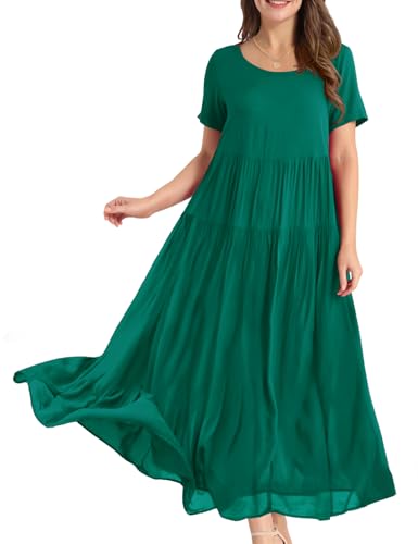 YESNO Damen Kleider Freizeit Lose Sommerkleid Lang Boho Maxikleid für Rundhals Strandkleid Blumenkleid S EJFDE Dunkelgrün von YESNO