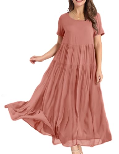 YESNO Damen Kleider Freizeit Lose Sommerkleid Lang Boho Maxikleid für Rundhals Strandkleid Blumenkleid S EJFDE Lachs von YESNO