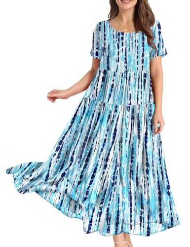 YESNO Damen Kleider Freizeit Lose Sommerkleid Lang Boho Maxikleid für Rundhals Strandkleid Blumenkleid XL EJFDE CR343 von YESNO