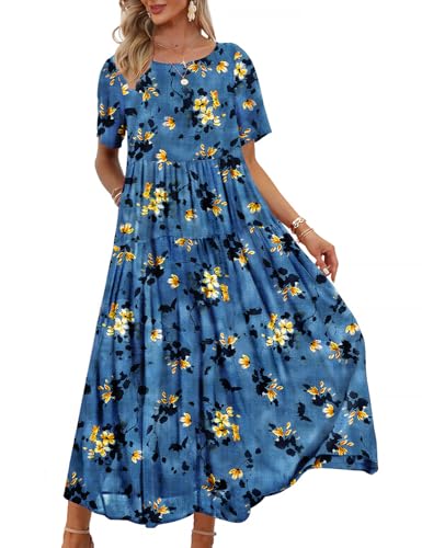 YESNO Damen Kleider Freizeit Lose Sommerkleid Lang Boho Maxikleid für Rundhals Strandkleid Blumenkleid XL EJFDE CR428 von YESNO