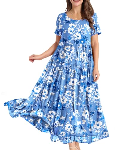 YESNO Damen Kleider Freizeit Lose Sommerkleid Lang Boho Maxikleid für Rundhals Strandkleid Blumenkleid XL EJFDE CR435 von YESNO