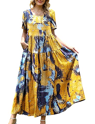 YESNO Damen Kleider Freizeit Lose Sommerkleid Lang Boho Maxikleid für Rundhals Strandkleid Blumenkleid XL EJFDE CR141 von YESNO