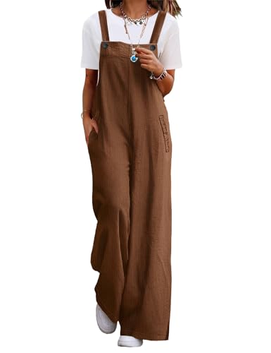 YESNO Damen Latzhose Lässiger Cord-Overall für Damen Verstellbarer Schultergurt Baggy-Hose Weites Bein Jumpsuits mit Taschen L PC2DE Braun von YESNO