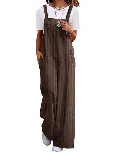 YESNO Damen Latzhose Lässiger Cord-Overall für Damen Verstellbarer Schultergurt Baggy-Hose Weites Bein Jumpsuits mit Taschen L PC2DE Kaffee von YESNO