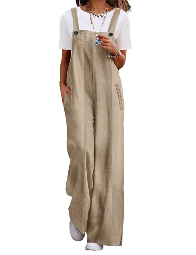 YESNO Damen Latzhose Lässiger Cord-Overall für Damen Verstellbarer Schultergurt Baggy-Hose Weites Bein Jumpsuits mit Taschen XL PC2DE Khaki von YESNO