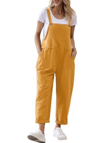 YESNO Damen Latzhose Sommer Oversize Trägerhose Beiläufig Loose Bib Pants Overall Baggy Jumpsuit Strampler Sommerhose mit Träger (S PV9DE Ingwer) von YESNO