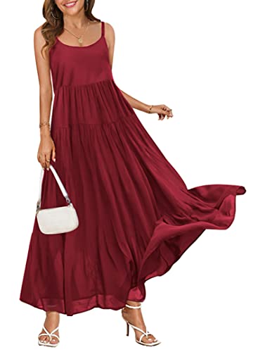 YESNO Damen Casual Loose Bohemian Blumendruck Kleider Spaghettiträger Langes Sommer Strand Swing Maxikleid with Taschen S E75DE Wine Red von YESNO