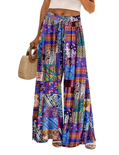 YESNO Hose Damen Sommer Weites Bein Boho Mode Palazzo Lockere Hosen Elegant Hohe Taille Blumenmuster Lounge Hosen L PP0DE P002B von YESNO