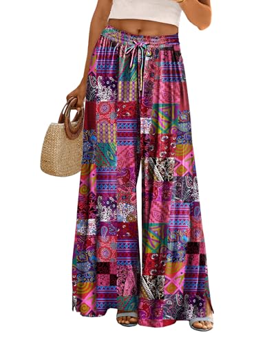 YESNO Hose Damen Sommer Weites Bein Boho Mode Palazzo Lockere Hosen Elegant Hohe Taille Blumenmuster Lounge Hosen L PP0DE P002R von YESNO