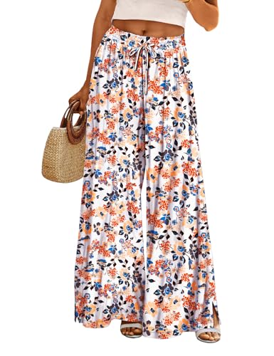 YESNO Hose Damen Sommer Weites Bein Boho Mode Palazzo Lockere Hosen Elegant Hohe Taille Blumenmuster Lounge Hosen S PP0DE CR377 von YESNO