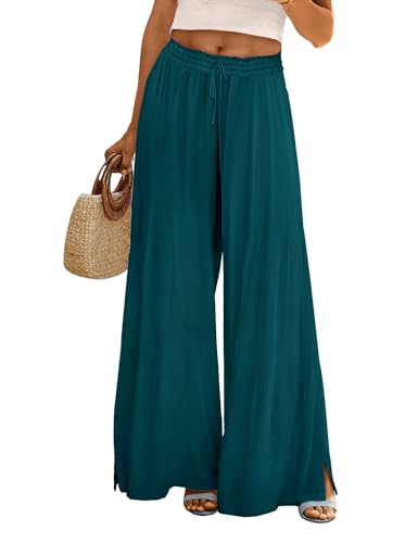 YESNO Hose Damen Sommer Weites Bein Boho Mode Palazzo Lockere Hosen Elegant Hohe Taille Blumenmuster Lounge Hosen S PP0DE Darkcyan von YESNO
