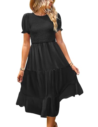 YESNO Sommerkleid Damen Elegant Boho Kleider Lässig Puffärmel Elastische Taille Midikleid Wedding Guest Dress Blumenkleid L EP2DE Black von YESNO